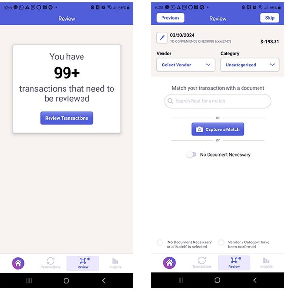 Screenshots showing how you can immediately match transactions with financial documents