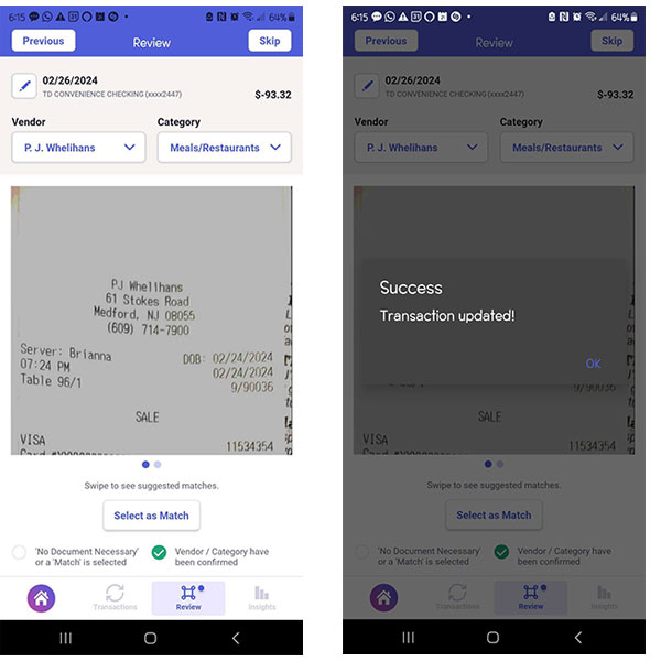 Screenshots showing how you can immediately match transactions with financial documents